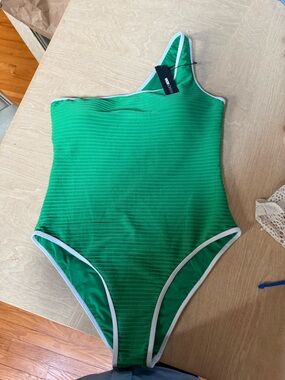 Fashion Nova Green Textured One-Piece Swimsuit with White Trim
